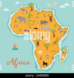 Karte von Afrika mit wilden Tieren und Pflanzen. Reisesymbole. Zebra, Giraffe, Elefant, Nilpferd, Strauß, Giraffe, Löwe, Gepard, Lemur, Nashorn, Stock Vektor