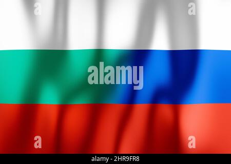Russland und Bulgarien Flaggen. 3D-Design mit wehenden Fahnen