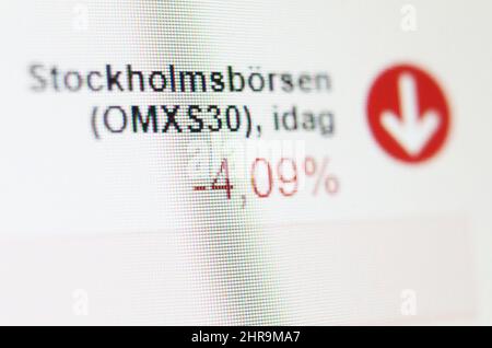 Der Stockholmer Nasdaq stürzt am Donnerstag ab und stürzt um mehr als 4 Prozent ein, dies aufgrund der Invasion Russlands in der Ukraine am Donnerstagmorgen. Stockfoto