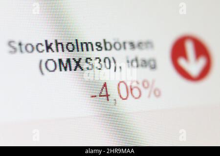 Der Stockholmer Nasdaq stürzt am Donnerstag ab und stürzt um mehr als 4 Prozent ein, dies aufgrund der Invasion Russlands in der Ukraine am Donnerstagmorgen. Stockfoto