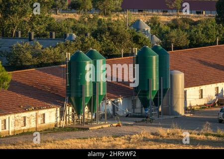 Gebäude und Schuppen auf einer kleinen Hühnerfarm modernes Geflügelhaus mit Futterkörben in Spanien Stockfoto