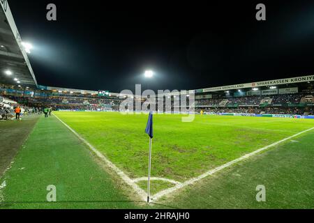 Randers, Dänemark. 24., Februar 2022. Das Cepheus Park-Stadion, das während des UEFA Europa Conference League-Spiels zwischen dem FC Randers und Leicester City in Randers gesehen wurde. (Foto: Gonzales Photo - Balazs Popal). Stockfoto