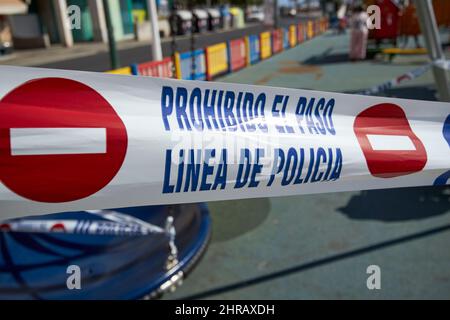 Lokaler Polizeivorfall Tape linea de policia local Lanzarote, Kanarische Inseln, Spanien Stockfoto