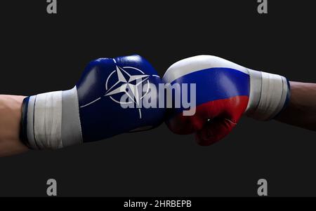 Konzept der Russland-Ukraine Krieg zwischen Russland und der Ukraine. 3D Illustration zwei Boxer kämpfen Kampf Schläge. Stockfoto