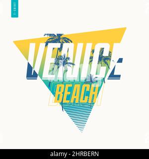 Venice Beach Grafik T-Shirt-Design mit Palmen, Sommer Retro-Print, Vektor-Illustration Stock Vektor