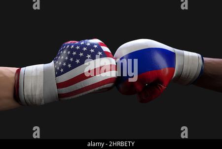 Konzept der Russland-Ukraine Krieg zwischen Russland und der Ukraine. 3D Illustration zwei Boxer kämpfen Russland und USA Flagge Kampf Schläge. Stockfoto