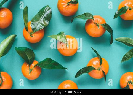 Frische Mandarinen mit Blättern auf türkisfarbenem Hintergrund Stockfoto