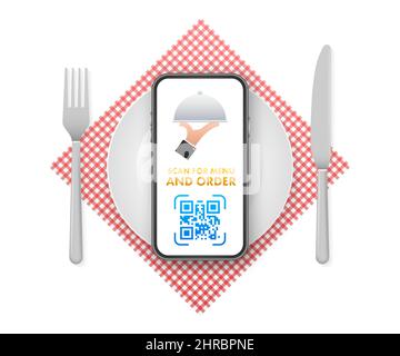 Scannen Sie nach Menü und Reihenfolge. Symbol für QR-Code-Scan. Kundendienst. Vektorgrafik. Stock Vektor