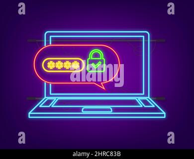 Zweistufige Authentifizierung Vektor Illustration, Neon Cartoon Smartphone und Computer Sicherheit Login oder Anmeldung. Vektorgrafik Stock Vektor