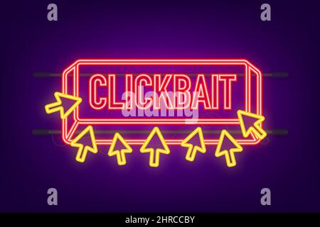 Klickbait rote Taste. Klicken Sie mit der Hand auf das Neonsymbol. Cursorpfeile, Taste drücken. Vektorgrafik. Stock Vektor