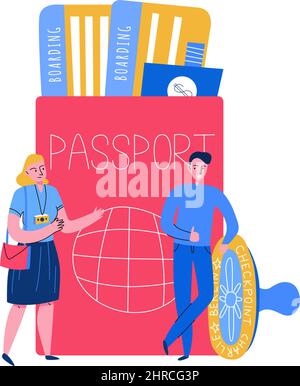 Tourismus Reise Buchung Ticket Zusammensetzung mit menschlichen Zeichen der Touristen mit Passstempel und Bordkarten Vektor-Illustration Stock Vektor