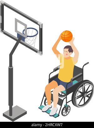 Behinderter Mann im Rollstuhl spielt Basketball 3D isometrische Vektor-Illustration Stock Vektor