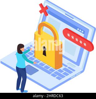 Symbol für das Blockieren von Internetseiten mit 3D-Schloss auf dem Laptop und isometrischer Vektorgrafik mit menschlichem Charakter Stock Vektor