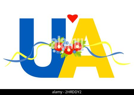 Ukrainisches Symbol. Land UA - gelb-blaue Buchstaben und Blumenstrauß aus roten Mohnblumen und blauen Kornblumen. Farbe ukrainische Flagge. Vektorgrafik. Stock Vektor