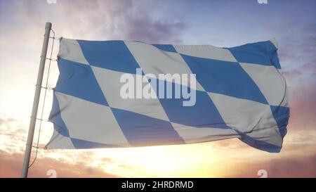 Bayern Flagge, Deutschland, winkt im Wind, Himmel und Sonne Hintergrund. 3D Rendern. Stockfoto