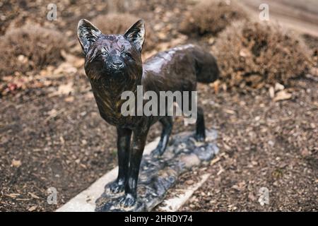 Ansicht einer bronzenen Hundestatue im Overland Park Arboretum & Botanical Gardens, Kansas, USA Stockfoto