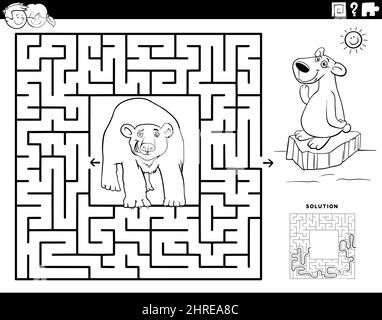 Labyrinth-puzzle-spiel für kinder mit cartoon-eisbären-tierfiguren