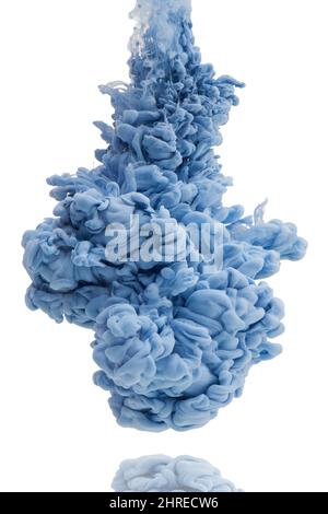 Es ist eine bunte Explosion. Studio-Aufnahme von blauer Tinte im Wasser vor weißem Hintergrund. Stockfoto
