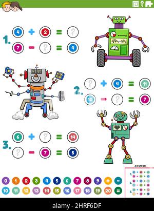 Cartoon Illustration der pädagogischen mathematischen Addition und Subtraktion Puzzle-Aufgabe mit Comic-Roboter-Charaktere Stock Vektor