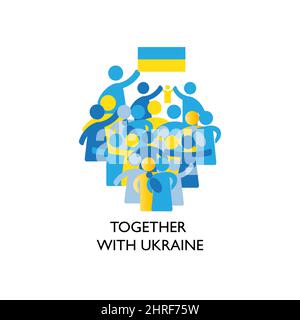 Gemeinsam mit der Ukraine. Eine einfache Illustration mit Menschen in Form von Ikonen, Symbolen, die Solidarität mit der Ukraine zeigen und um Hilfe bitten. Kein Krieg Stockfoto