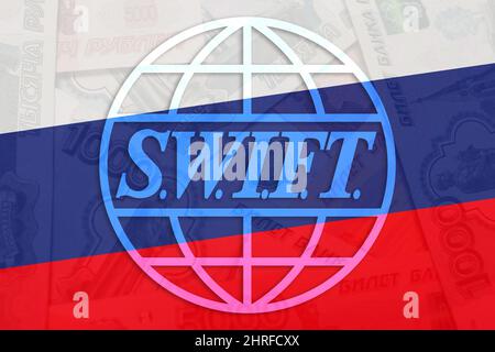 Schnelles Zahlungssystem und russische Flagge. Sanktionen des Wirtschafts- und Finanzbankwesens für Russland. Stockfoto