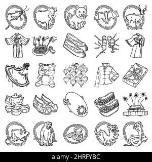 Chinesisches Neujahrszubehör und Feng Shui Symbole Handgezeichnete Set Icon Vektor. Stock Vektor