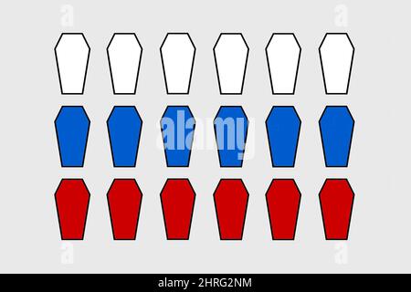 Russischer Krieg in der Ukraine: Konzept zur Beendigung des Krieges. Besetzer Särge der russischen Flagge Farben. Beendet den Krieg. Stockfoto