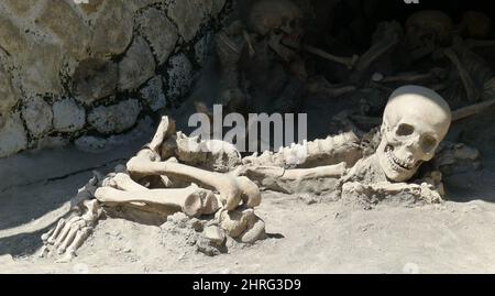 Ausgrabungsstätte mit menschlichen Knochen und Schädel im Staub mit mehr Knochen auf dem Hintergrund Stockfoto