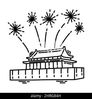 Frühlingsfest Teil der chinesischen Neujahrszubehör und Feng Shui Symbole handgezeichnete Icon Set Vektor. Stock Vektor