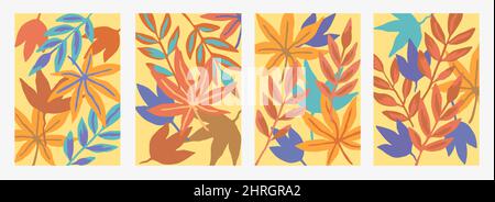 Große Reihe von farbenfrohen zeitgenössischen Postern. Vektorvorlage mit handgezeichneten Doodle-Blättern und Ästen. Sommer Natur Hintergrund. Stock Vektor