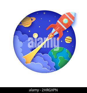 Roter Raketenstart im Weltraum in Papierschnitt-Stil. Runder weißer Rahmen mit get Start polygonalem Raumschiff. Vektor 3D Bildung Kinder Hintergrund mit Planeten Stock Vektor