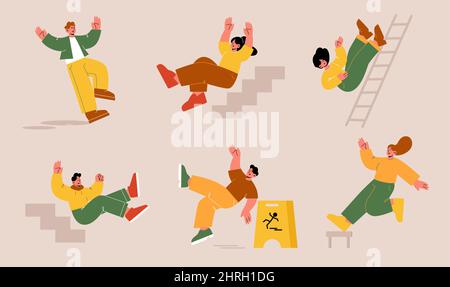 Ungeschickte Menschen fallen, männliche und weibliche Charaktere fallen durch Stolpern auf Leiter oder Treppe, Rutschen auf nassem Boden, Unfall, Gefahr, Risiko, Krankenversicherung, Männer und Frauen Verletzungen Linie Kunst Vektor-Set Stock Vektor