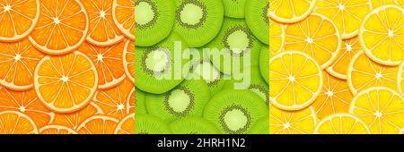 Fruit Slice Spiel nahtlose Texturen für das Spiel. Orange, Kiwi und Zitrone geschnittene Stücke wiederholte Muster, 3D Hintergründe mit saftigen gesunden Früchten, grafische benutzeroberfläche oder gui-Ebenen Nahaufnahme, Vektor-Illustration Stock Vektor