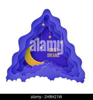 Nachthimmel Wolken dreieckigen Rahmen mit Sternen auf Seil und Mond in Papier geschnitten Stil. Schneiden Sie 3D Hintergrund mit Halbmond und wolkigen Landschaft papiercut Stock Vektor