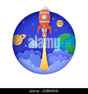 Roter Raketenstart im Weltraum in Papierschnitt-Stil. Runder weißer Rahmen mit get Start polygonalem Raumschiff. Vektor 3D Bildung Kinder Hintergrund mit Planeten Stock Vektor