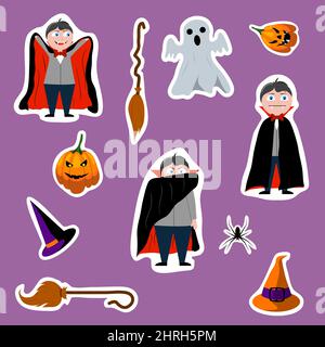 Ein Set von Halloween-Stickern, Symbolen, Scrapbooking-Artikeln. Happy Halloween Set. Aufkleber zum Ausschneiden. Stock Vektor