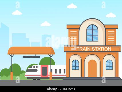 Bahnhofsgebäude mit Zugtransportszenerie, Plattform für die Abfahrt, Ankunft von Zügen und Fahrgast in flachem Hintergrund Poster Illustration Stock Vektor