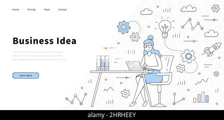 Business Idea Landing Page im Doodle-Stil. Geschäftsfrau, die am Schreibtisch mit einem Laptop im Büro arbeitet, Entwickler, die mit Infografik-Symbolen an kreativen Lösungen denkt, Webbanner für Vektorgrafiken von Linien Stock Vektor
