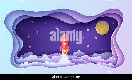Nachthimmel Wolken in rechteckigem gewelltem Rahmen und roter Rakete in Papierschnitt-Stil. Vektor 3D Hintergrund mit Vollmond, Sternen und Planet bewölktes Panorama Stock Vektor