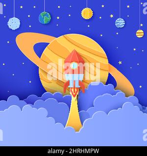 Roter Raketenstart im Weltraum in Papierschnitt-Stil. Galaxy Universum Landschaft 3D Handwerk Hintergrund. Karton Ausschnitt Planet mit Krater, Erde, Sonne, Saturn Stock Vektor