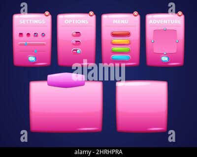 Glänzende rosafarbene Bretter mit Knöpfen für das Game Interface Design. Vector Cartoon Satz von glänzenden Kunststoff ui-Elemente, Rahmen mit Einstellungen, Optionen und Menü und leere Panels Stock Vektor