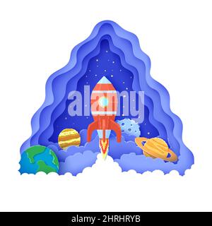 Roter Raketenstart im Weltraum in Papierschnitt-Stil. Dreieckiger, geschichteter Rahmen mit get Start polygonalem Raumschiff. Vector 3D Bildung Kinder Hintergrund mit Stock Vektor
