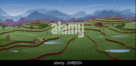 Im Regen arbeiten Menschen auf Reisfeldern. Grüne Reiseterrassen und Bauernhäuser. Vektor-Cartoon-Illustration der asiatischen ländlichen Landschaft mit Ernte Plantage auf Hügeln, Dorf und Bergen bei regnerischem Wetter Stock Vektor