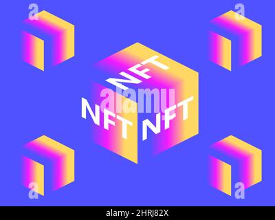 NFT Token Cube mit blauem und gelbem Farbverlauf. Nicht fungibler NFT-Token. Isometrischer Würfel. Digitale Kunst in der Blockchain-Technologie. Vektorgrafik Stock Vektor