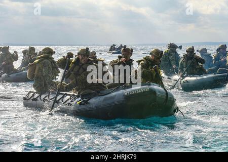 Philippinische See. 6.. Februar 2022. Marineinfanteristen, die der Marine Expeditionary Unit 31. zugewiesen wurden, führen im Rahmen der gemeinsamen Übung Noble Fusion vom Brunnendeck des nach vorne eingesetzten Amphibientransportschiffes USS Green Bay (LPD 20) aus Kampfflugschanzoperationen durch. Noble Fusion zeigt, dass die von der Marine und dem Marinekorps im Vorlauf eingesetzten, einsatzbereiten Marineeinsatzkräfte schnell Teams der Marine Expeditionary Unit/Amphibious Ready Group auf See zusammenbringen können, zusammen mit einer Trägerstreikgruppe sowie anderen gemeinsamen Truppenelementen und Verbündeten, um die Verweigerung des Seefahrens zu erreichen, wichtige maritim ergreifen können Stockfoto