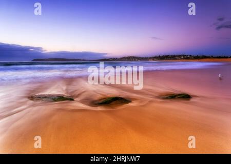 Drei szenische Sandsteinfelsen am Sandstrand Curl Curl an der Sydney North Shore bei Sonnenaufgang. Stockfoto