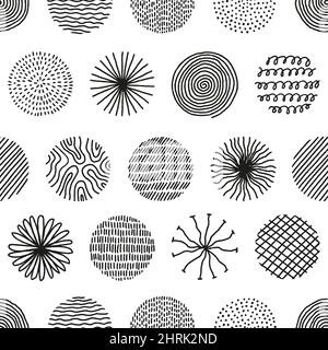 Handgezeichnete Kreise mit Doodle-Textur. Modernes abstraktes Nahtloses Muster mit schwarzen organischen runden Formen mit Linien, Kreisen, Tropfen. Vektor Stock Vektor