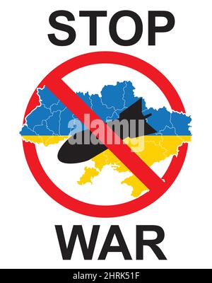 Stop war in der Ukraine Konzept Vektor-Poster. Atombombe über der Ukraine Karte im roten Kreis, Stoppsymbol. Aggression und militärischer Angriff. Stop war sign Stock Vektor