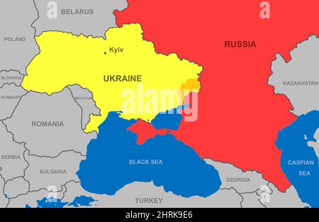 Russland und die Ukraine in Europa skizzieren Karte. Ukrainisches Territorium mit dem Donbass-Gebiet in der Nähe der russischen Grenze auf der politischen Landkarte. Weißrussland, Polen und andere Länder Stockfoto