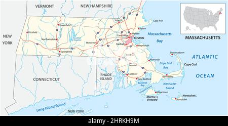 Straßenkarte des US-amerikanischen Bundesstaates Massachusetts Stock Vektor